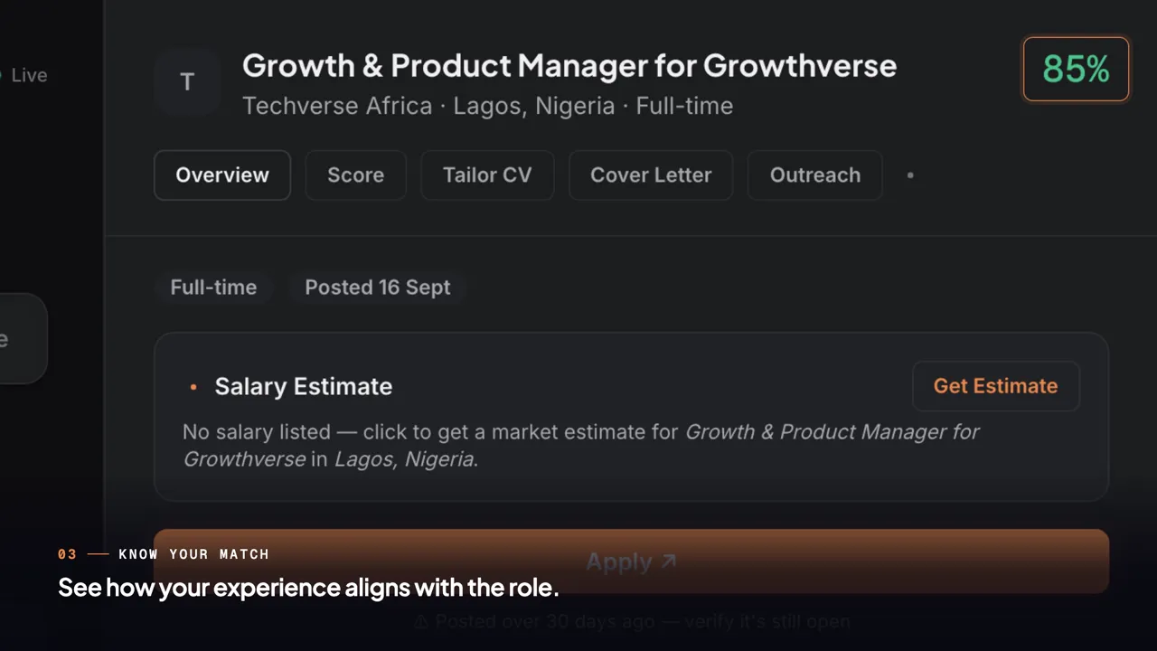 HirePadi job view showing an 85% match with a role